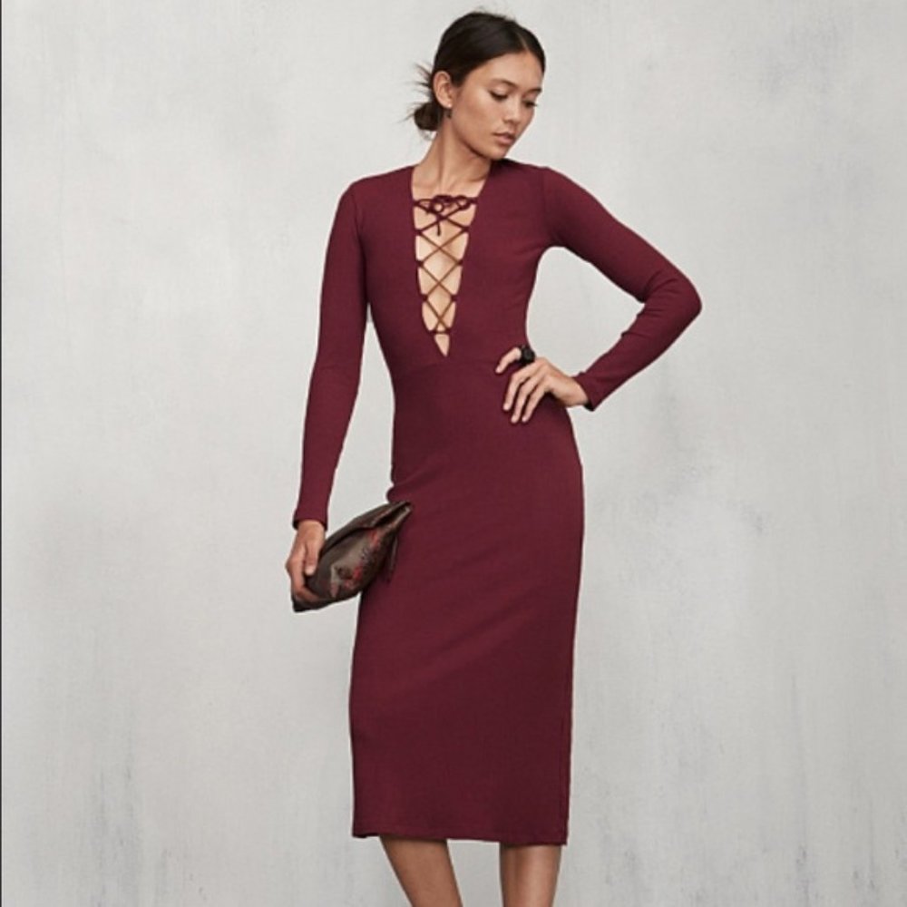 Reformation Edison Ribbed Knit Midi Dress in Garnet Size Small